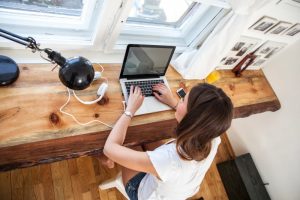 A woman researching online.